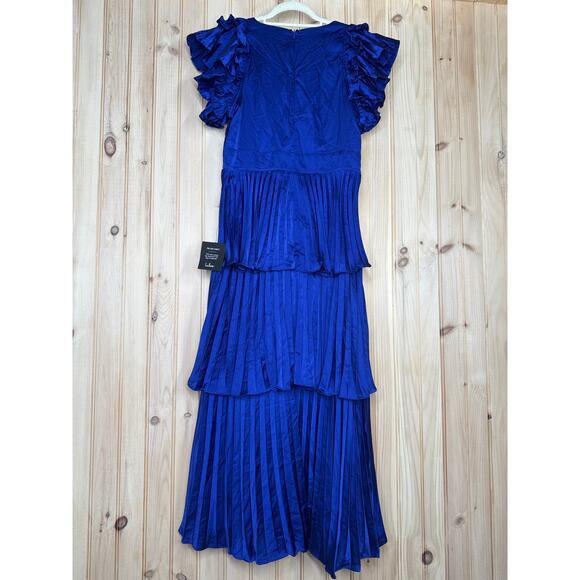 NWT Lulus Stunning Desire Cobalt Blue Satin Pleated Tiered Midi Dress Ruffle M - Picture 5 of 8